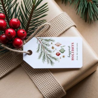 Watercolor Pine Leaves & Festive Baubles Holiday  Gift Tags