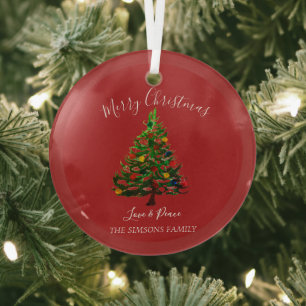 Watercolor Pine Merry Christmas Tree Glass Tree Decoration
