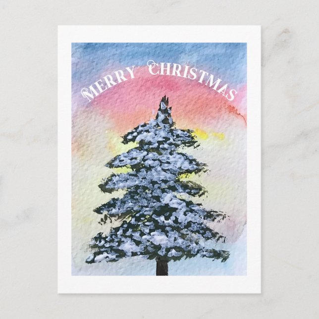 Watercolor Pine Merry Christmas Tree  Holiday Postcard (Front)