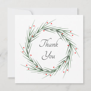 Watercolor Pine Needles and Berries Wreath Thank You Card