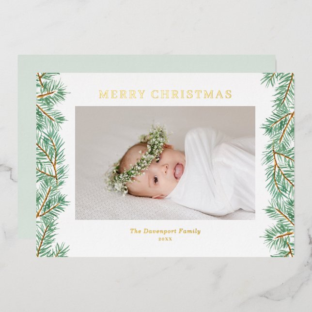 Watercolor Pine Needles Garland Christmas Photo Foil Holiday Card (Front/Back)