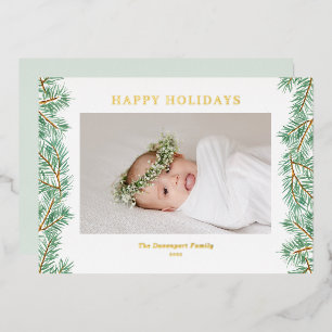 Watercolor Pine Needles Garland Photo Foil Holiday Card