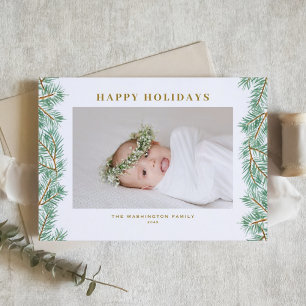 Watercolor Pine Needles Garland Photo Holiday Card