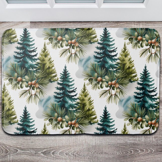 Watercolor Pine Pattern Elegant Winter Bath Mat (Creator Uploaded)