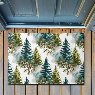 Watercolor Pine Pattern Elegant Winter Doormat