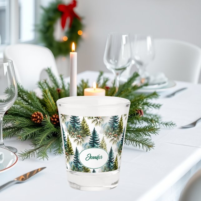 Watercolor Pine Pattern Elegant Winter Shot Glass (Creator Uploaded)