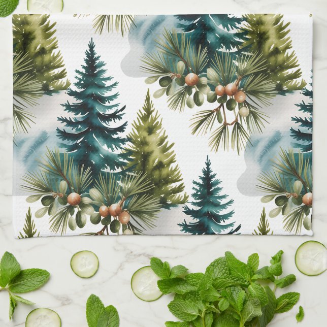 Watercolor Pine Pattern Elegant Winter Tea Towel (Folded)