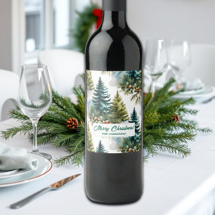 Watercolor Pine Pattern Elegant Winter Wine Label