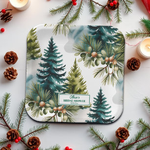 Watercolor Pine Pattern Winter Bridal Shower Paper Plate