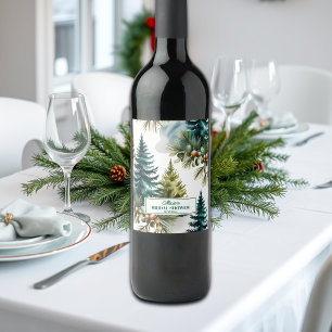 Watercolor Pine Pattern Winter Bridal Shower Wine Label