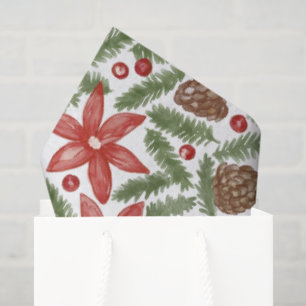 Watercolor Pine Poinsettia Christmas Pattern Tissue Paper
