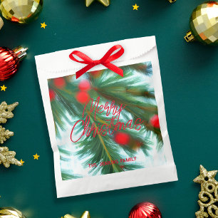 Watercolor Pine Red Berry Family Holiday Party Favour Bag