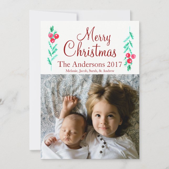 Watercolor Pine Sprig Family Photos Christmas Card (Front)