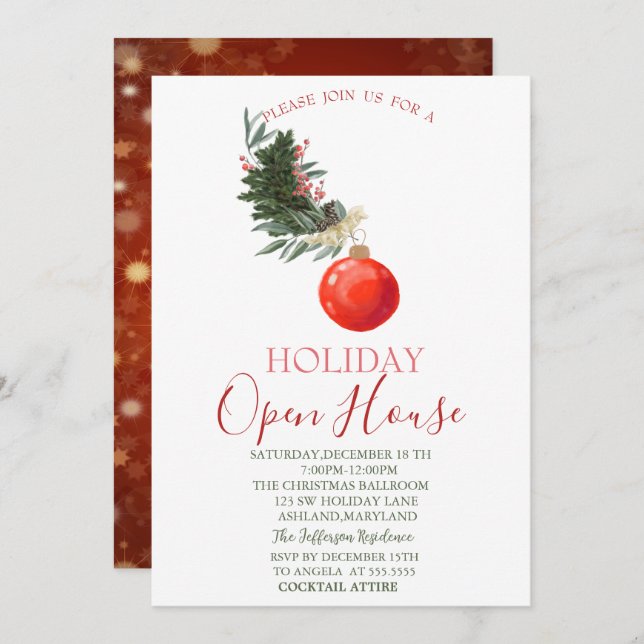 Watercolor Pine Tree Branch,Red Ball Open House Invitation (Front/Back)
