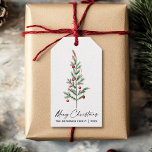 Watercolor Pine Tree Calligraphy Ink Christmas Gift Tags<br><div class="desc">Modern Elegant Calligraphy Ink Script Watercolor Pine Tree with Burgundy Red Ribbons and Christmas Ornaments Merry Christmas Gift Tag</div>