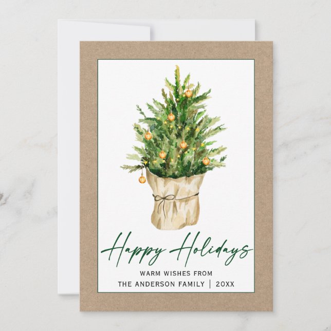 Watercolor Pine Tree Calligraphy Ink Script Kraft Holiday Card (Front)