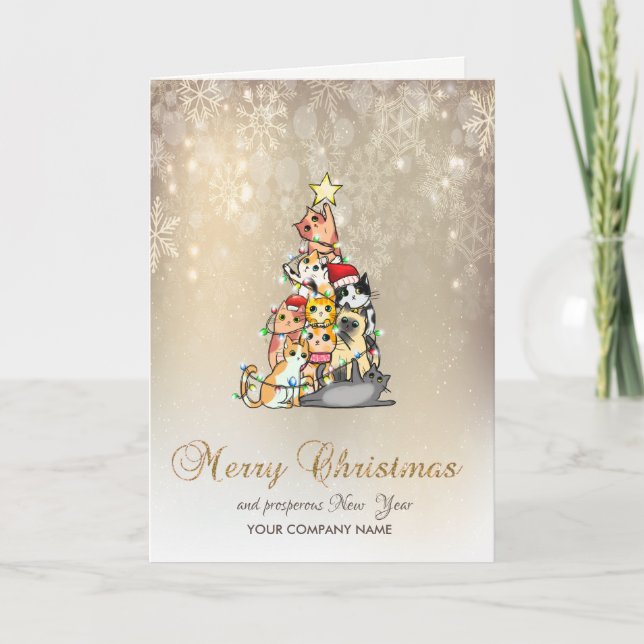 Watercolor Pine Tree Cats Snowflakes Holiday Card (Front)