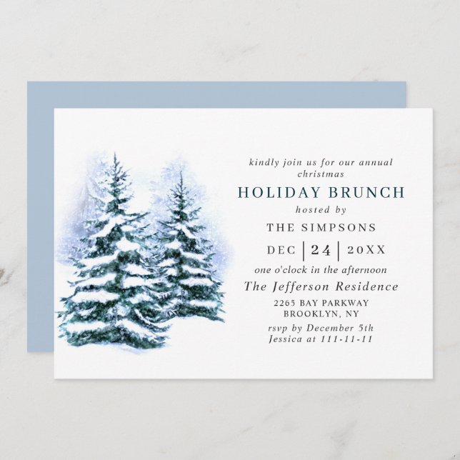 Watercolor Pine Tree Chic Christmas HOLIDAY BRUNCH Invitation (Front/Back)