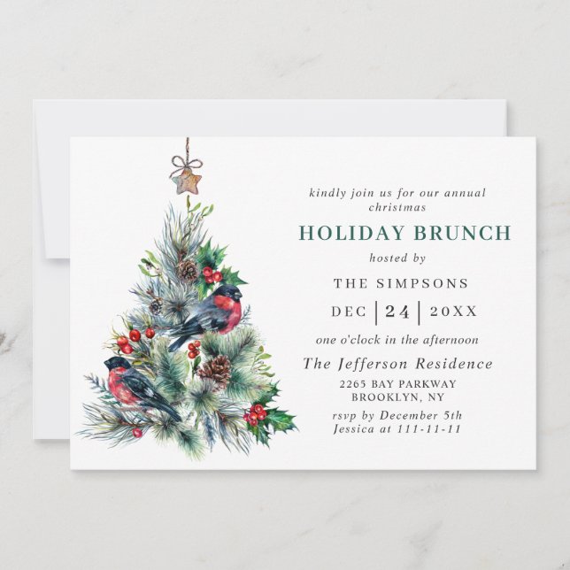 Watercolor Pine Tree Chic Christmas HOLIDAY BRUNCH Invitation (Front)