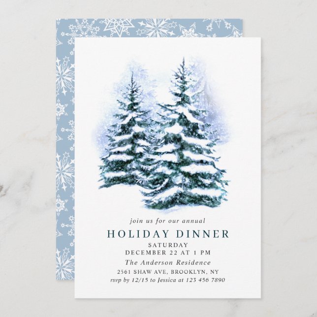 Watercolor Pine Tree Chic Christmas HOLIDAY DINNER Invitation (Front/Back)