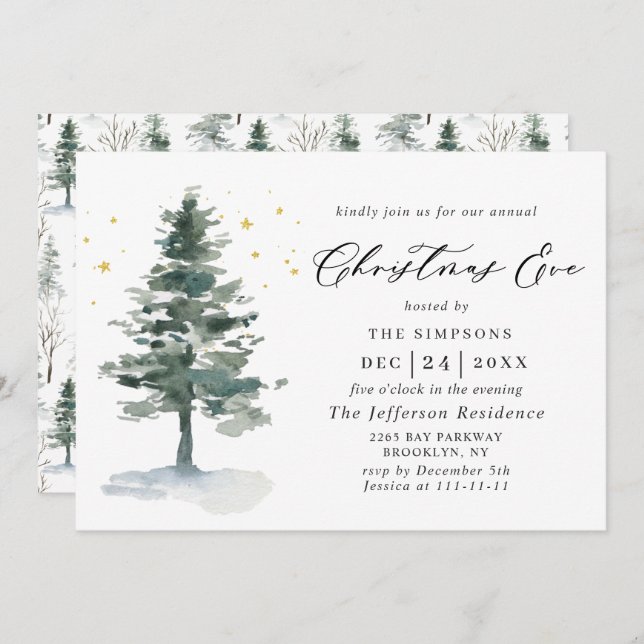 Watercolor Pine Tree Chic Holiday Christmas Eve Invitation (Front/Back)