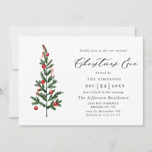 Watercolor Pine Tree Chic Holiday Christmas Eve Invitation (Front)