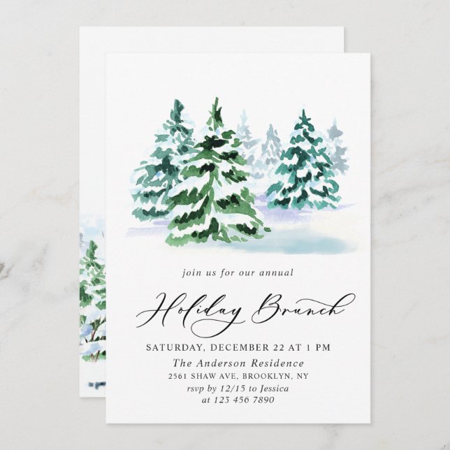 Watercolor Pine Tree Christmas Holiday Brunch Invitation (Front/Back)