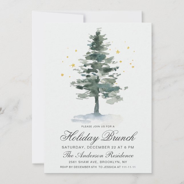 Watercolor Pine Tree Christmas Holiday Brunch Invitation (Front)