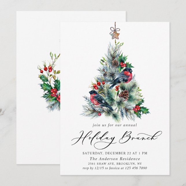 Watercolor Pine Tree Christmas Holiday Brunch Invitation (Front/Back)