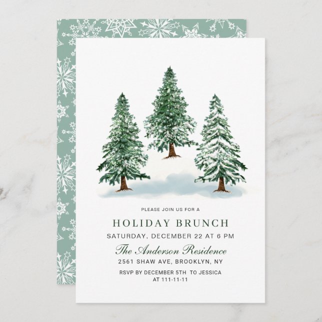 Watercolor Pine Tree Christmas Holiday Brunch Invitation (Front/Back)