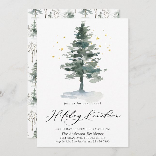 Watercolor Pine Tree Christmas Holiday Luncheon Invitation (Front/Back)
