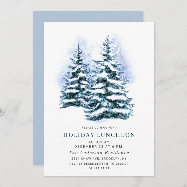 Watercolor Pine Tree Christmas Holiday Luncheon Invitation (Front/Back)