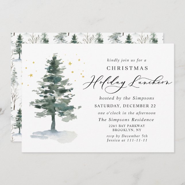 Watercolor Pine Tree Christmas Holiday Luncheon Invitation (Front/Back)