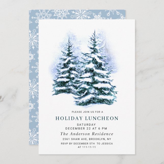 Watercolor Pine Tree Christmas Holiday Luncheon Invitation (Front/Back)