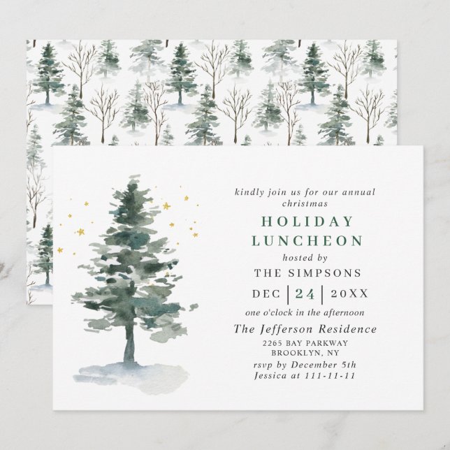 Watercolor Pine Tree Christmas Holiday Luncheon Invitation (Front/Back)