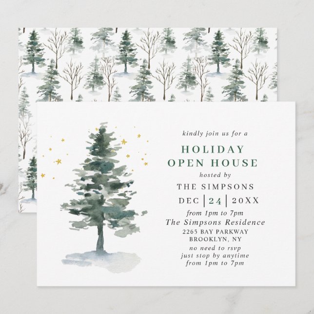 Watercolor Pine Tree Christmas Holiday Open House Invitation (Front/Back)