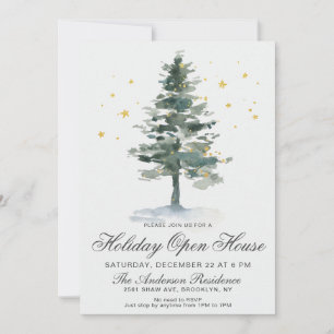 Watercolor Pine Tree Christmas Holiday Open House Invitation