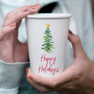 Watercolor Pine Tree Christmas Holiday Paper Cups