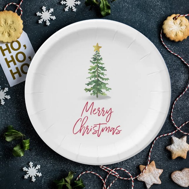 Watercolor Pine Tree Christmas Holiday Paper Plate (Creator Uploaded)