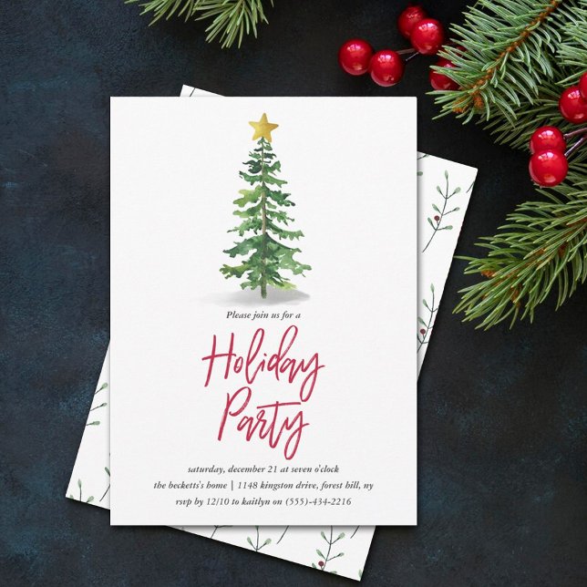 Watercolor Pine Tree Christmas Holiday Party Invitation (Creator Uploaded)
