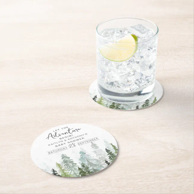 Watercolor Pine Tree Forest Baby Shower Round Paper Coaster | Zazzle