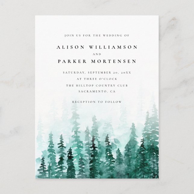 Watercolor Pine Tree Forest Country Wedding Invitation Postcard (Front)
