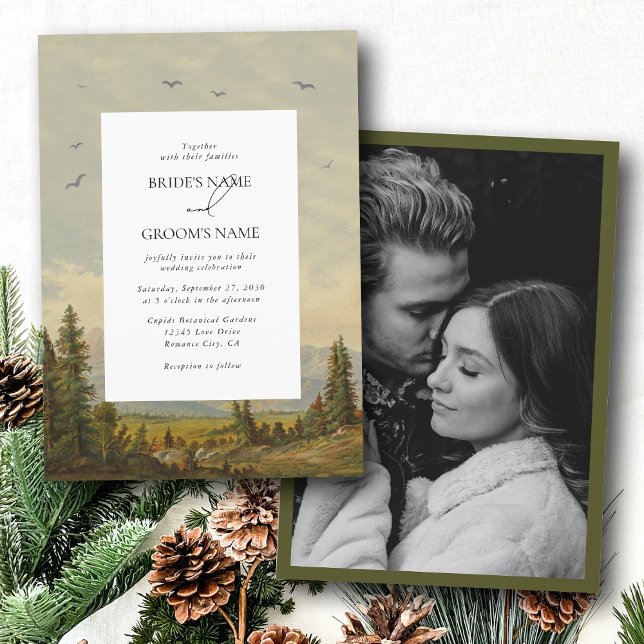Watercolor Pine Tree Forest Mountain Wedding Photo Invitation (Watercolor Pine Tree Forest Mountain Wedding Photo Invitation)
