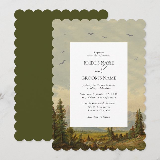 Watercolor Pine Tree Forest Mountains Wedding Invitation (Front/Back)