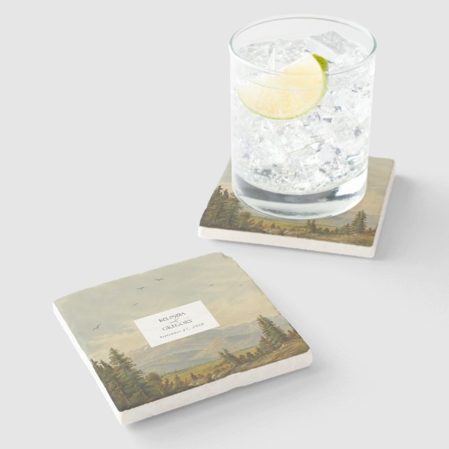 Watercolor Pine Tree Forest Mountains Wedding Stone Coaster (Side)