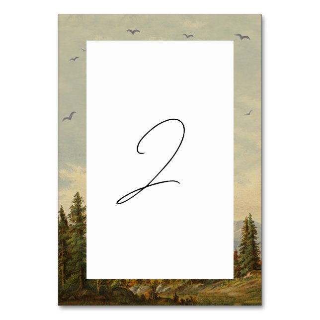 Watercolor Pine Tree Forest Mountains Wedding Table Number (Front)