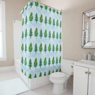 Watercolor Pine Tree Forest Painting Snowing Shower Curtain