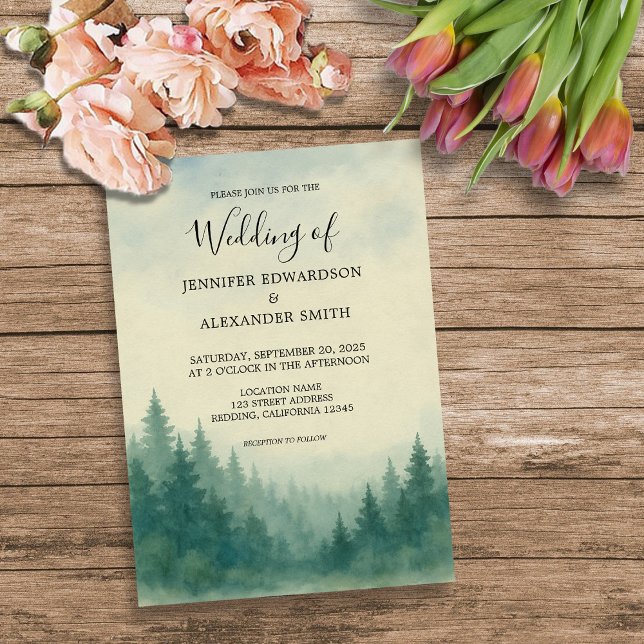 Watercolor pine tree forest wedding invitation (Rustic watercolor pine tree forest wedding invitation. )