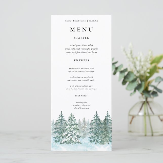 Watercolor Pine Tree Forest wedding Menu (Standing Front)