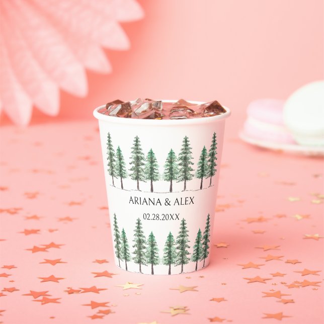 Watercolor Pine Tree Forest wedding Paper Cups (Insitu)